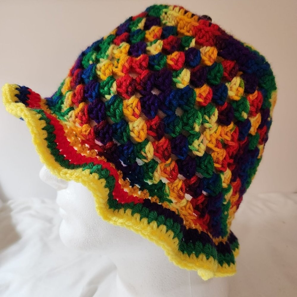 Bucket Hat multicolor handknit crochet bright colorful rainbow